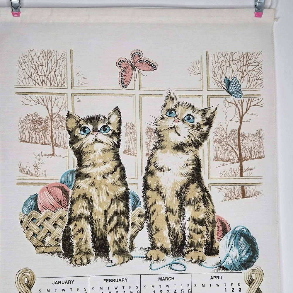 Vintage 1982 Kittens Playing Towel Calendar Polyester Grannycore Cottagecore